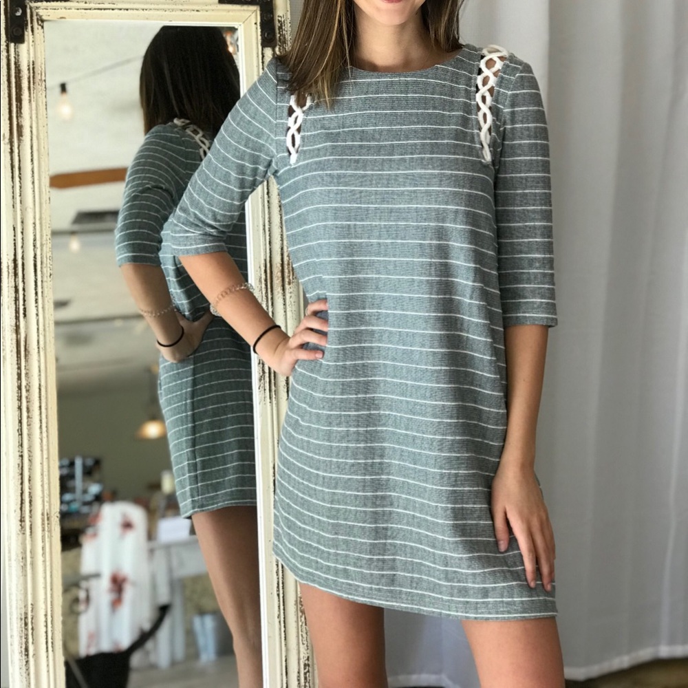 Grey/blue stripe dress w/rope detail
